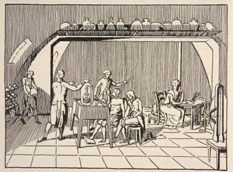 Pokus s dýcháním v Lavoisierově laboratoři, kopie Boris Mestchersky (zemř. 1957), ilustrace z knihy Histoire de la Nation Francaise, Sciences, Volumes I & II, autor Gabriel Hanotaux (1853-1944).