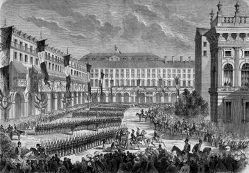 Přehled vojsk, která prošel italským králem Viktorem Emmanuelem II. (Victor-Emmanuel) (Vittorio Emanuele) v Turíně 7. června