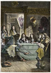 Salon (Cabaret) sdružující francouzské spisovatele Jean de La Fontaine (1621-1695), Nicolas Boileau-Despreaux (Boileau Despreaux) (1636-1711), dramatika Jean Baptiste Poquelin dit Moliere (1622-1673) a básníka Jeana Racina ( 1639-1699) - Fontána, Boilea