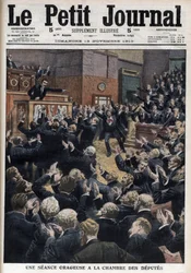 Bouřlivé zasedání Poslanecké sněmovny - Předseda vlády Aristide Briand obviňuje vůdce socialistů Jeana Jaurèse z porušení zákona - Ilustrace z „Le Petit Journal“, obrazová příloha