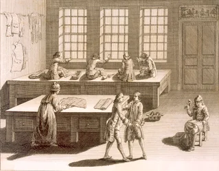 Krejčovská dílna z Encyklopedie des Sciences et Metiers od Denise Diderota (1713-84) vydané kolem roku 1770