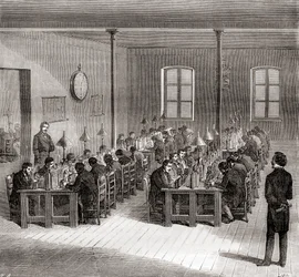 Telegrafní stanice v Paříži, Francie kolem roku 1870, z Les Merveilles de la Science, zveřejněno kolem roku 1870 (engaving)