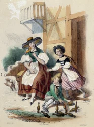 Žena a 2 děti hrající kuželky; ilustrace ke Švýcarsku v knize „Dvanáct národů“ od M. E. Fouineta