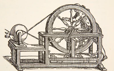 Elektrický stroj Abbe Nollets, 1746, kopie Borise Mestcherského (zemř. 1957), ilustrace z knihy Histoire de la Nation Francaise, Sciences, Volumes I & II, autor Gabriel Hanotaux (1853-1944), 1924.
