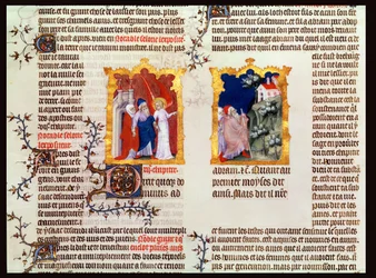 Abraham a Sára odcházejí z Chaldejského Uru do Kanaánu, z Bible Jeana de Sy, asi 1355.