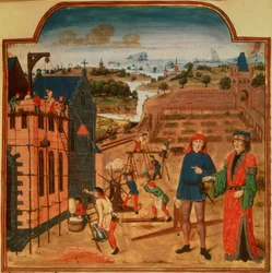 Přidat 19720 f.27 Stavba zahradního domku s formálními zahradami a krajinou v pozadí, z Livre des Prouffits Champetres et Ruraulx od Pietra de Crescenzi (1230-1320/1) (vellum)