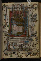 Přidat. 36684, f.125 „Tři mniši zpívající před rakví“ Stránka z „Knihy hodin, použití svatého Omera“, c.1320 (vellum)