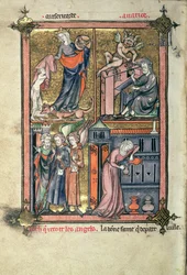 Přidat 54180 f.136b Milosrdenství a hrabivost, Lot a andělé; vdova a její olej z „La Somme le Roy“ od Frere Laurenta, osvětlena Maitre Honore (vellum)
