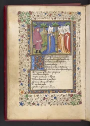 Přidat MS 21247 f.40v Pán a tři dámy z „Le livre des quatre dames“ od Alaina Chartiera (inkoust, barva a zlato na pergamenu)