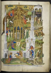 Přidejte Ms 18850 f.14r Scény ze stvoření a pádu, Adama a Evy a jejich synů, Kaina a Abela, z Book of Hours (The Bedford Hours) c.1410-30 (inkoust, barva a zlato na pergamenu)