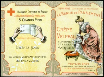Reklamní karta „“The Velpeau Crepe Dressing Band odstraňuje křečové punčochy““. Sd. 19. století.