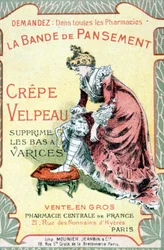 Reklamní karta „“The Velpeau Crepe Dressing Band odstraňuje křečové punčochy““. Sd. 19. století.