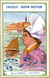 Reklamní chromolitografie čokolád Guerin Boutron, čelenky regionů Francie, Ille et Vilaine, Saint Briac, ilustrace Emile Jammes (chromolitograf)