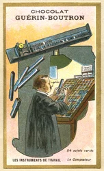Reklamní chromolitografie čokolád Guerin Boutron, pracovní nástroje, 84 různých předmětů, kompostér