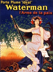 Reklamní plakát na „Ideální vodník na fontánu, zbraň míru““ (žena držící mírovou smlouvu a vodnické pero“). Litografie 1919.