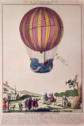 Aerostat: druhý pokus o let balonem. Charles a Robert sestupují na Prérii de Nesle nedaleko Paříže po letu balonem na vodíkový plyn dne 1. 12. 1783. Rytina z 18. století.