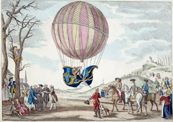 Aerostat: druhý pokus o let balonem. Stoupání na balonu na vodíkový plyn Charlese a Roberta v Prérii de Nesle nedaleko Paříže 1. 12. 1783. Anonymní tisk z 18. století. Paříž, dekorativní umění