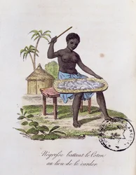 Africká žena mlátící bavlnu