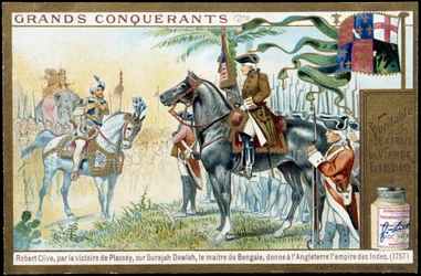 Po Plasseyově vítězství nad Surajah Dowlah (Suraj Ud-daula nebo Ud Daula Ud Daulah nebo Ud-Daulah) dal pán Bengálska Anglii v roce 1757 indickou říši. Liebigská chromolitografie z 19. století.