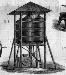 Zemědělský stroj: konzervativní půda pro pšenici představená na zemědělské výstavě v roce 1860 v Paříži. Rytina v „“ Le Monde Illustré““ č. 168 z 30. června