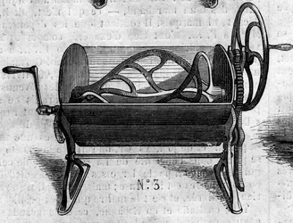 Zemědělský stroj: mechanický petrin na výrobu chleba představený na zemědělské výstavě v roce 1860 v Paříži. Rytina v „“ Le Monde Illustré““ č. 168 z 30. června
