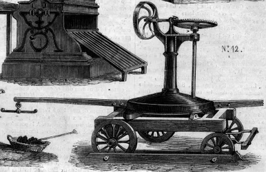 Zemědělský stroj: přenosná manéž představená na zemědělské soutěži v Paříži v roce 1860. Rytina v „“ Le Monde Illustré““ č. 169 ze 7. července 1860.