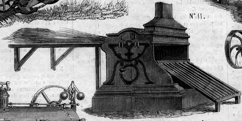 Zemědělský stroj: mlátička představená na zemědělské soutěži v Paříži v roce 1860. Rytina v „“ Le Monde Illustré““ č. 169 ze 7. července 1860.