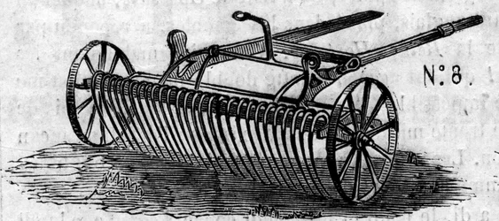 Zemědělský stroj: anglické koňské hrábě prezentované na zemědělské soutěži v Paříži v roce 1860. Rytina v „“ Le Monde Illustré““ č. 169 ze 7. července 1860.
