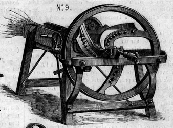 Zemědělský stroj: anglická sekera se slámou představená na zemědělské soutěži v Paříži v roce 1860. Rytina v „“ Le Monde Illustré““ č. 169 ze 7. července 1860.