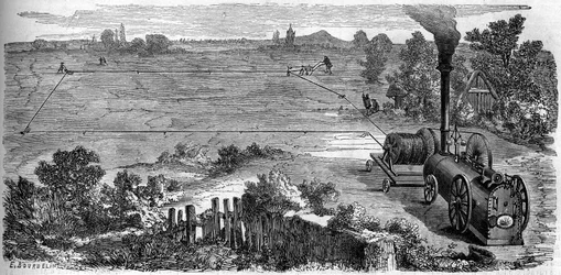 Zemědělství: rolníci používající k pěstování parní stroj. Rytina v „“ Le Monde Illustré““ č. 131 z 15. října 1859.