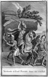 Alkibiades (450-404 př.nl), athénský státník a strategie brání Sokrata v boji. V „“Krásy dávné historie nebo nezapomenutelná fakta a výroky velkých mužů““