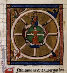 Alexander III Veliký (356-323 př.nl) sedící na kole Štěstěny obklopuje Tetramorfa. Miniatura rukopisu „Histoire ancienne à la Cesar“, kolem 1260-1270, napsaného úředníkem ve službách dvora Rogera IV., Chatelainem z Lille (120