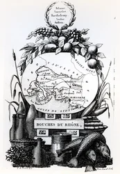 Alegorická mapa departementu Bouches-du-Rhone, kolem roku 1830