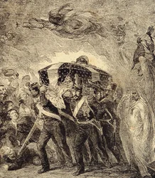 Allegoria Ranskan keisarin Napoleon Bonaparten tuhkan paluusta vuonna 1840. 1800-luku (kaiverrus kirjasta "Clours, mores, usages, costumes, keksintös"