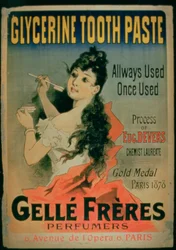 Vždy použité, jednou použité, reklamní plakát Glycerinová zubní pasta od Gelle Freres, Paříž, 1878