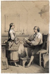 Alois Senefelder (nebo Aloysius či Aloys) nebo Johann Nepomuk Franz Aloys (1771-1834), český básník a rytec, zůstává bez listu papíru ve chvíli hněvu a zoufalství, které ho vedlo k tomu, aby vše hodil do plamenů. poznámka o prádelně