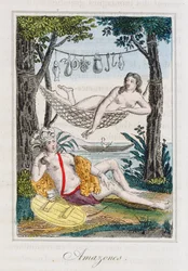 Amazonky, ilustrace z Histoire des voyages around the world od J. Dufaye, vydal Courvalet & Co., Paříž, 1826 (barevná rytina) 1826 (barevná rytina)