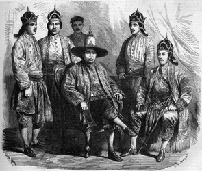 Velvyslanci Siamu (Thajsko) během své návštěvy Paříže v roce 1858. Rytina v „“ Le Monde Illustré““ č. 49 z 20. března 1858.