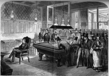 Americký šachista Paul Morphy (1837-1884) hraje naslepo osm šachových partií v Cafe de la Regence v Paříži