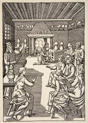 Lekce alchymie ve 14. století, kopie Borise Mestcherského (zemř. 1957), ilustrace z knihy Histoire de la Nation Francaise, Sciences, svazky I a II, autor Gabriel Hanotaux (1853-1944), 1924.