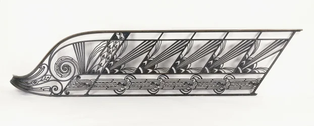 Balustráda schodiště ve stylu Art Deco navržená Delionem, cca 1920-1930 (bronz, tepané železo)