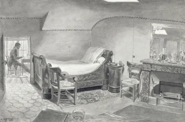 Podkrovní interiér umělce v Paříži, kolem roku 1830 (pero a sépiový inkoust a sépiové wc na papíře)