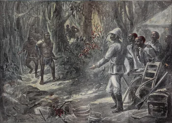 Anglický cestovatel Lloyd objevuje Pygmee při objevování Afriky. Rytina v „“ Le Pelerin“ 8/04/1899.
