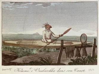 Obyvatel ostrova Unalaska ve své kánoi, 1811