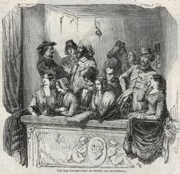 Avant-scénová lóže v lucemburském divadle v Paříži v 19. století Rytina v „“ Tableau-de-Paris““ od Edmonda Texiera 1852