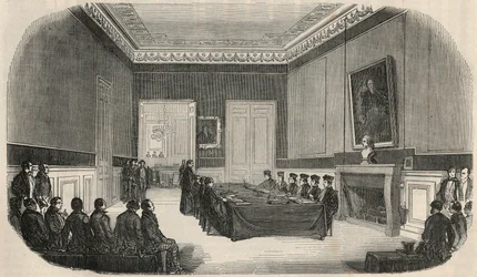 Zkouška v zasedací síni právnické fakulty v Paříži – rytina do „“Tableau-de-Paris”” od Edmonda Texiera 1852