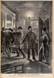 Anarchisté v Anglii. Policie provedla razii v Autonomy Club v Londýně. Anarchisté v Anglii. Policie v London Autonomist Club. Ilustrace pro Le petit Journal, 5. března 1894