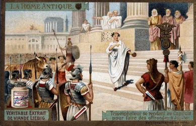 Starověký Řím: Triumfátor do Kapitolu, aby obětoval Jupiterovi - Chromolitografie Liébig, v.1900