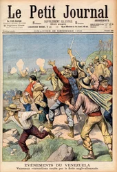 Anglo-německá intervence ve Venezuele v letech 1902-1903 - První strana „“Le Petit Journal““ z 28. prosince 1902: události ve Venezuele: venezuelské lodě potopené anglickou a německou flotilou (rytina)