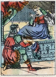 Anonymní ilustrace k „La belle au bois dormant“, příběh Charlese Perraulta (1628-1703), francouzského spisovatele. Dřevoryt Imaging Pellerin - Epinal, sd. Konec 19. století.